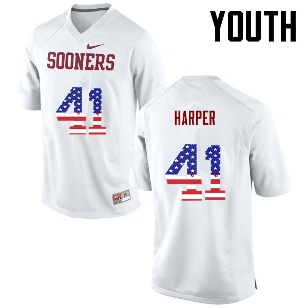 Youth Oklahoma Sooners #41 Casey Harper College Football USA Flag Fashion Jerseys-White - Click Image to Close